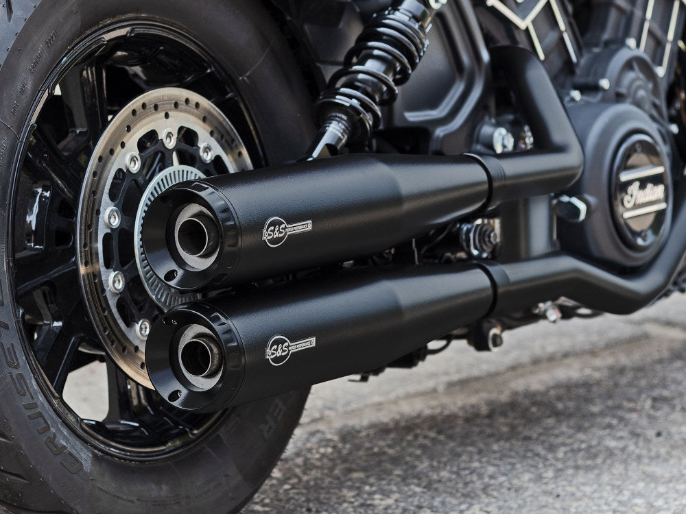 4in. Grand National Slip-On Mufflers – Black with Black End Caps. Fits Indian Scout 2015-2024