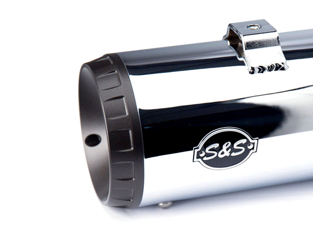 4in. Grand National Slip-On Mufflers – Chrome with Black End Caps. Fits Touring 1995-2016 & Trike 2017-2020.