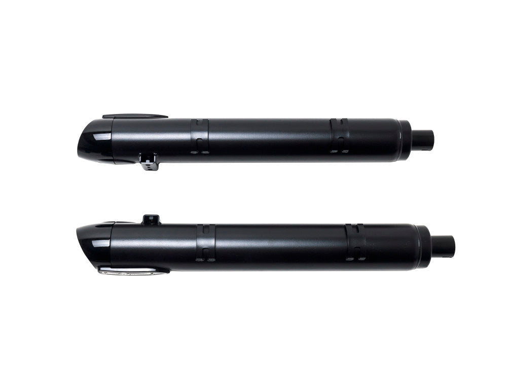 Broadhead 4in. Slip-On Mufflers – Black with Black End Caps. Fits Indian Big Twin 2014up with Hard Saddle Bags.