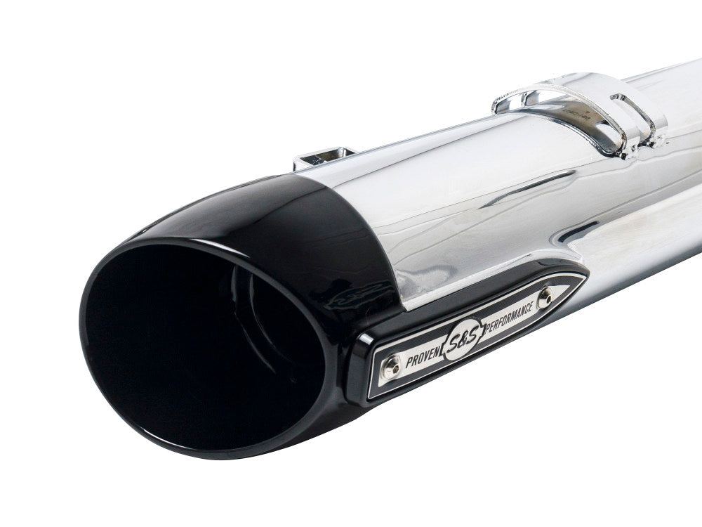 Broadhead 4in. Slip-On Mufflers – Chrome with Black End Caps. Fits Indian Big Twin 2014up with Hard Saddle Bags.