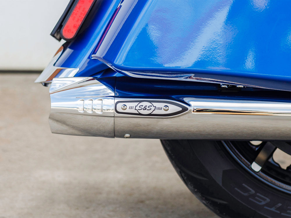 Fishtail 4in. Slip-On Mufflers – Chrome with Chrome End Caps. Fits Indian Big Twin 2014up with Hard Saddle Bags