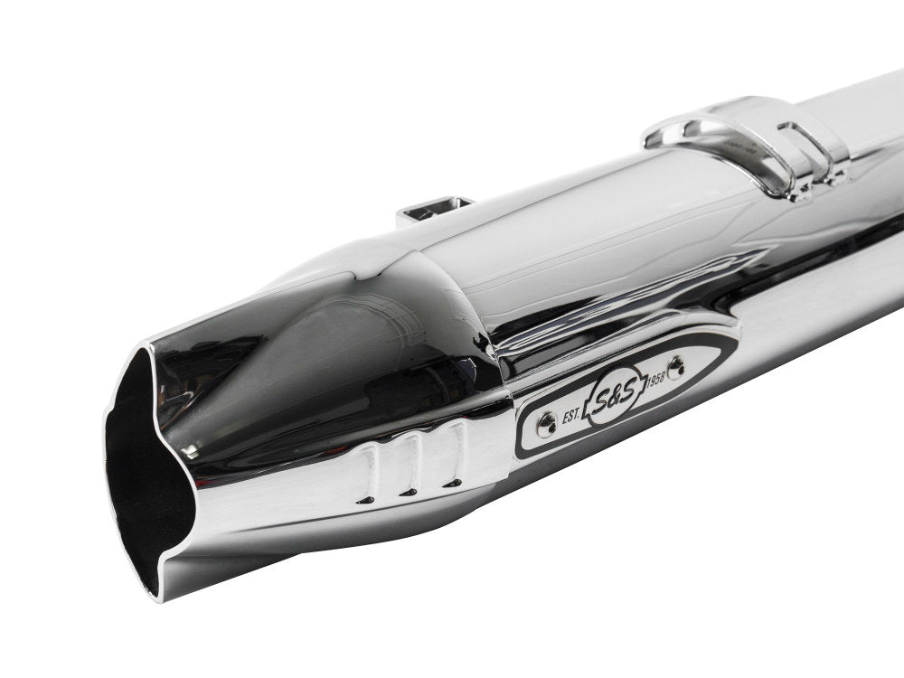 Fishtail 4in. Slip-On Mufflers – Chrome with Chrome End Caps. Fits Indian Big Twin 2014up with Hard Saddle Bags