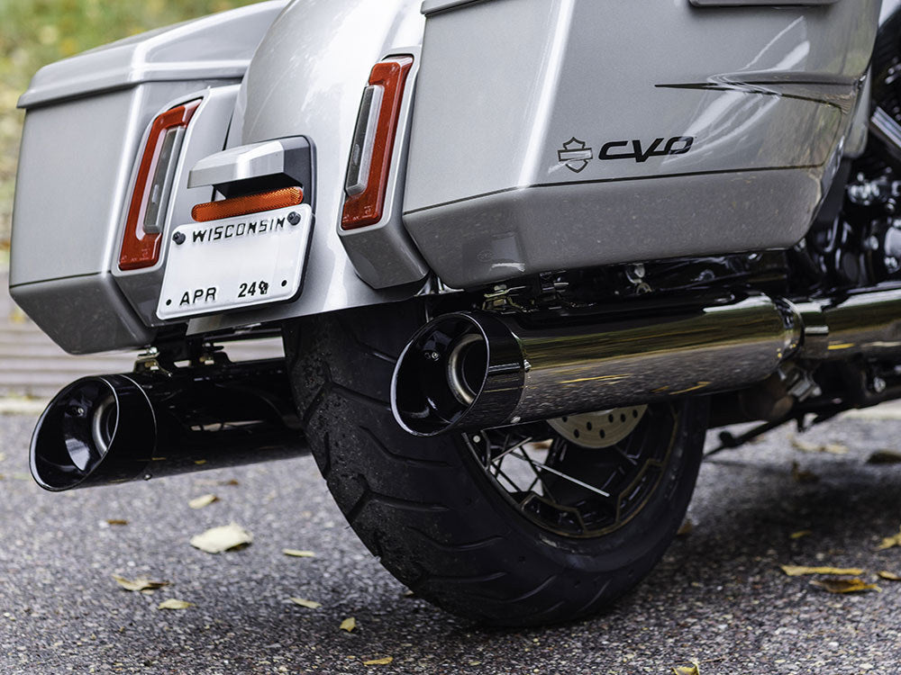 4-1/2in. Mk45 Slip-On Mufflers – Lava Chrome with Black Cutlass End Caps. Fits Touring 2017up.