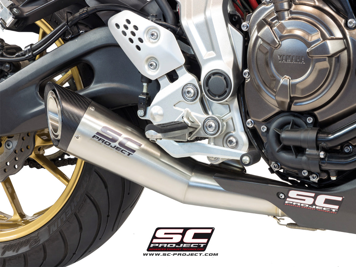 YAMAHA MT-07 (2013 - 2016) Full Exhaust System 2-1, with S1 Muffler, brushed Stainless Steel, with Carbon fibre end cap