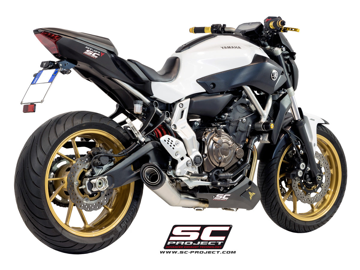 YAMAHA MT-07 (2013 - 2016) Full Exhaust System 2-1, with S1 Muffler, brushed Stainless Steel, with Carbon fibre end cap