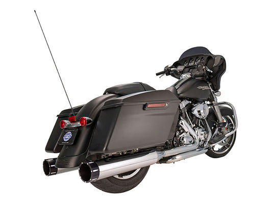 4-1/2in. Mk45 Slip-On Mufflers – Chrome with Black Tracer End Caps. Fits Touring 1995-2016.