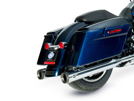 4in. Grand National Slip-On Mufflers – Chrome with Black End Caps. Fits Touring 1995-2016 & Trike 2017-2020.