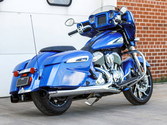 Broadhead 4in. Slip-On Mufflers – Chrome with Black End Caps. Fits Indian Big Twin 2014up with Hard Saddle Bags.